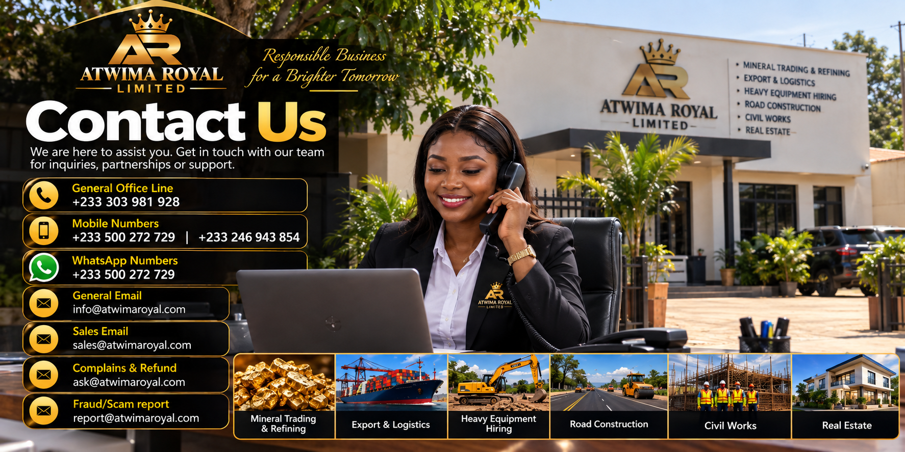 Atwima Royal contact poster showing the customer service team, company contact information and key service areas