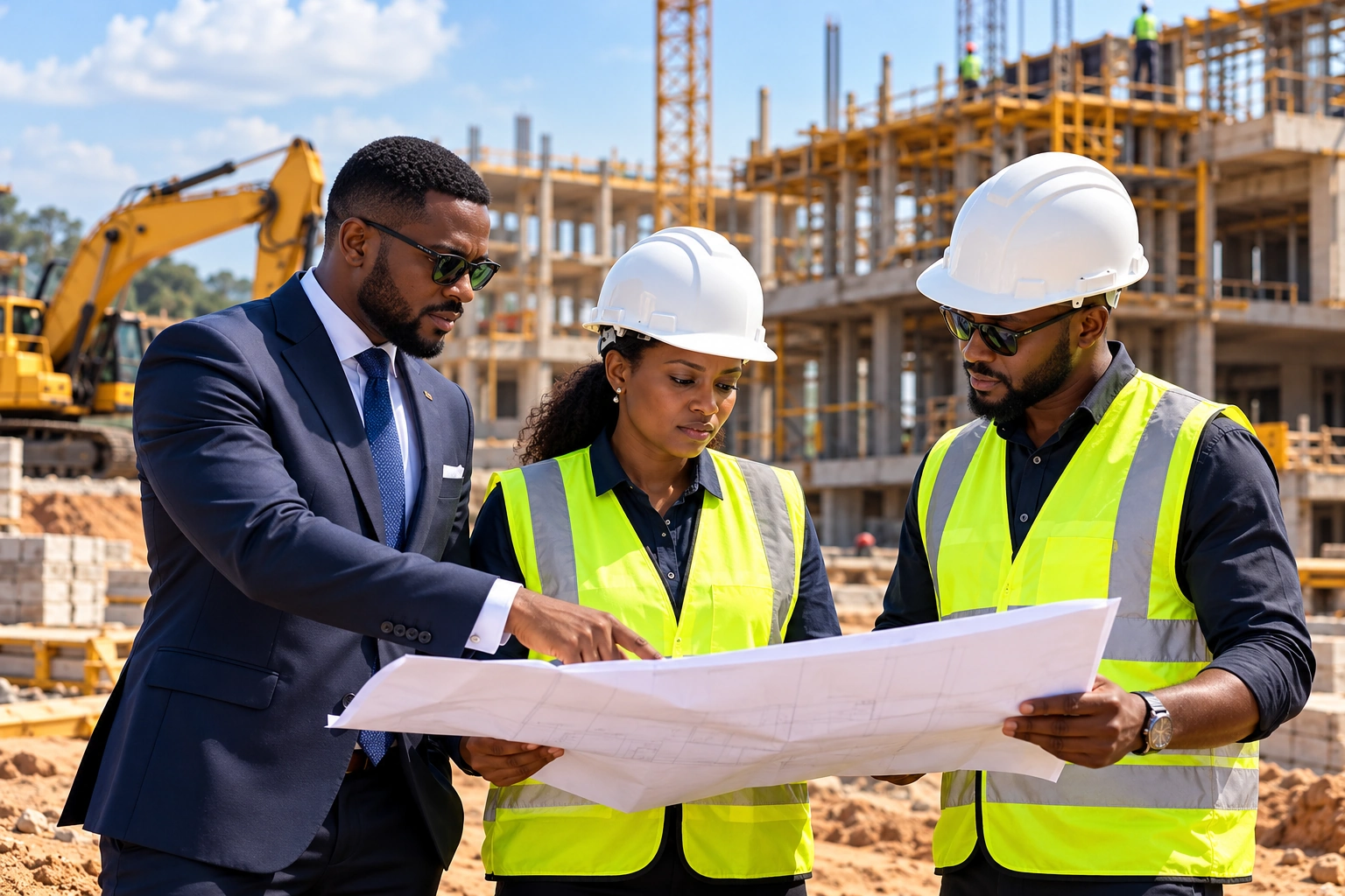 Engineering and business professionals reviewing project plans at a construction site