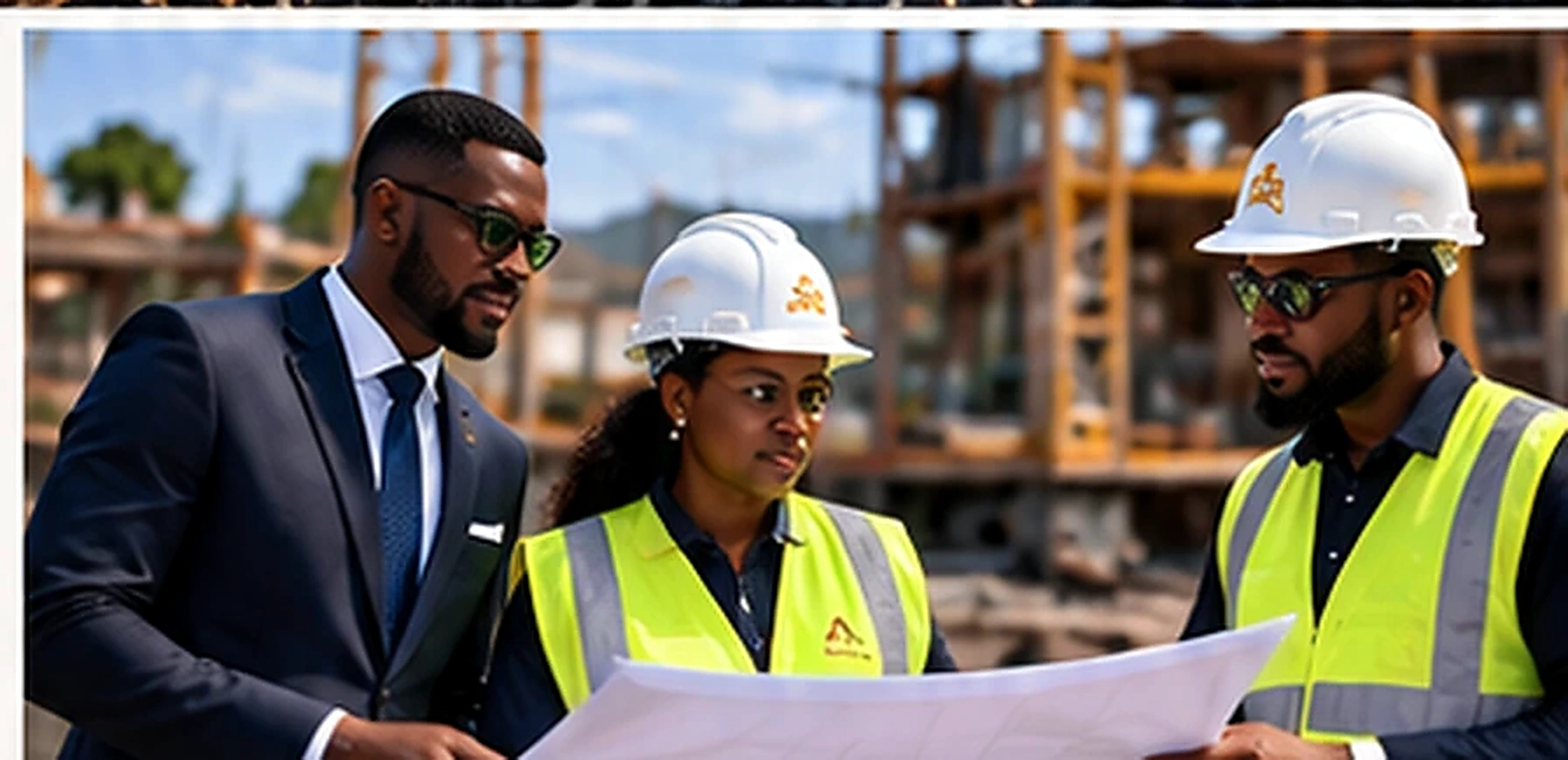Professionals reviewing plans at an engineering and construction site