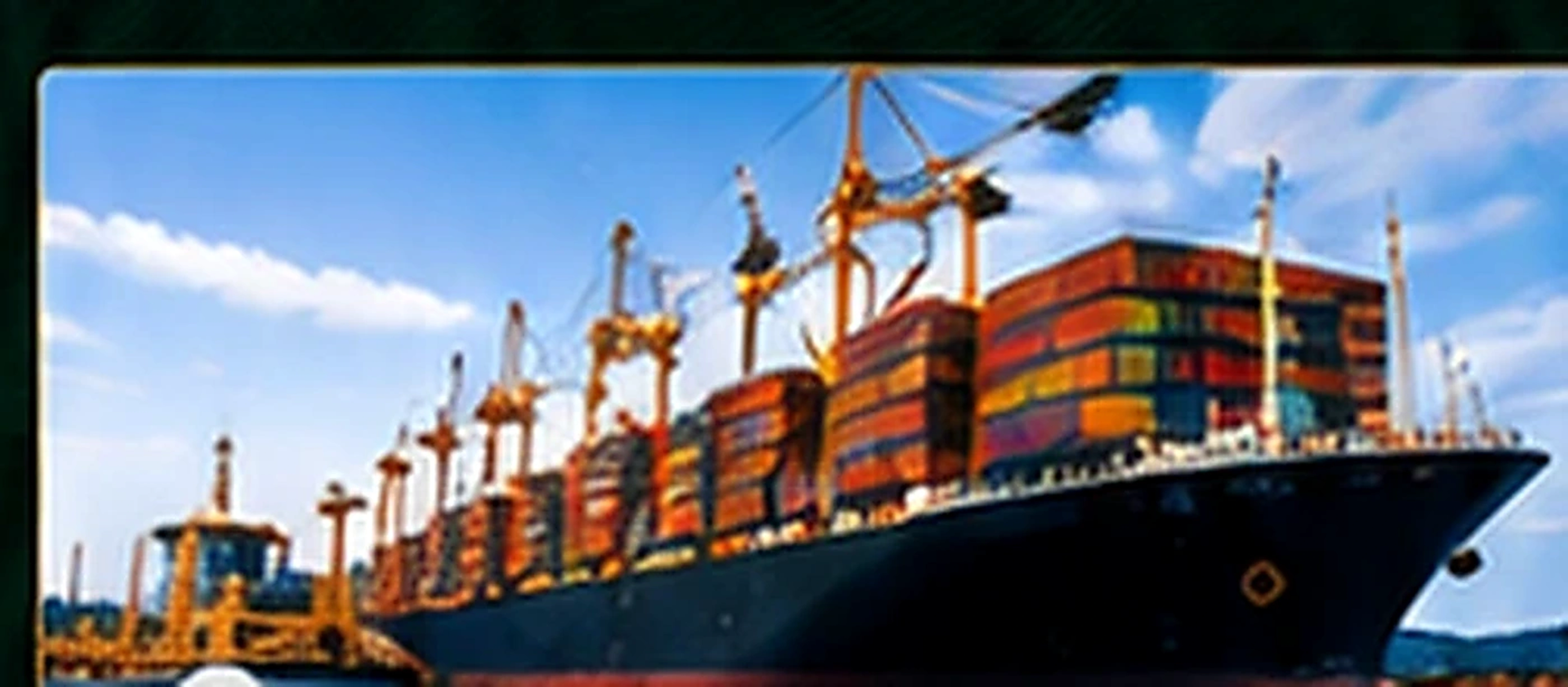 Commercial cargo ship and port logistics; illustrative service imagery